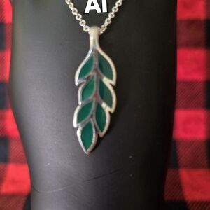 Silver and Green Leaf Pendant Necklace